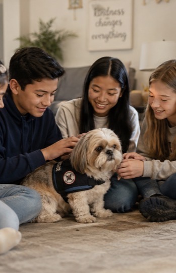 A diverse group of youth gently interacting with a small Shih Tzu puppy and a calm tabby kitten in a bright community room.